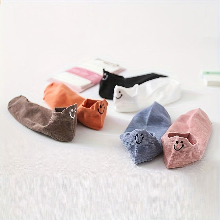 10 Pairs Candy Colored Embroidered Smile Ankle Socks - SocksLtd