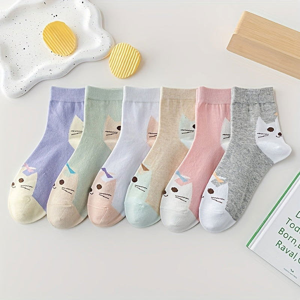 10 Pairs Cartoon Cat Print Comfort Cute Crew Socks - SocksLtd