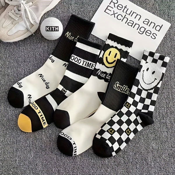 10 Pairs Cartoon Face Checkered  Novelty Crew Socks - SocksLtd
