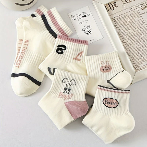 10 Pairs Cartoon Pink Lettering Round Neck Ankle Socks - SocksLtd