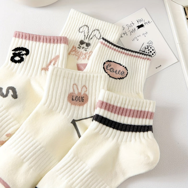 10 Pairs Cartoon Pink Lettering Round Neck Ankle Socks - SocksLtd
