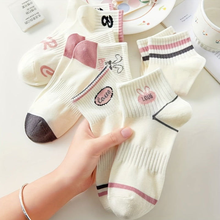 10 Pairs Cartoon Pink Lettering Round Neck Ankle Socks - SocksLtd
