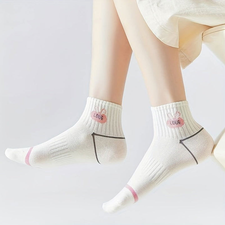 10 Pairs Cartoon Pink Lettering Round Neck Ankle Socks - SocksLtd