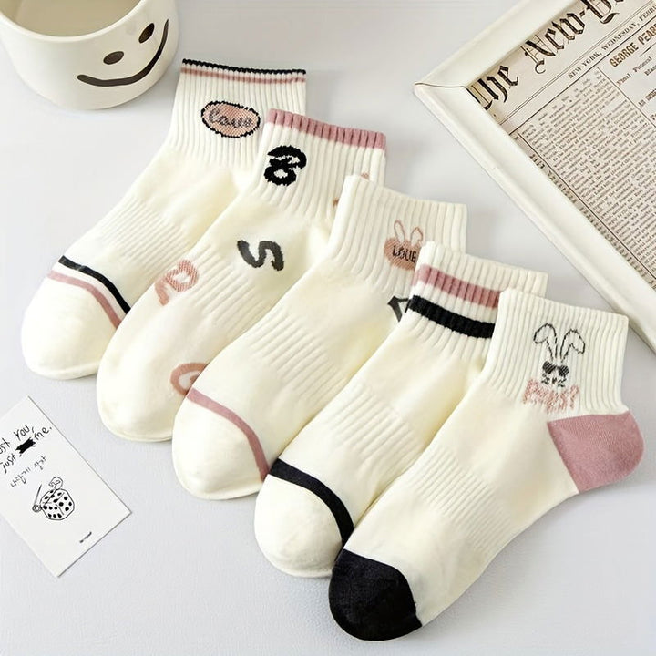 10 Pairs Cartoon Pink Lettering Round Neck Ankle Socks - SocksLtd