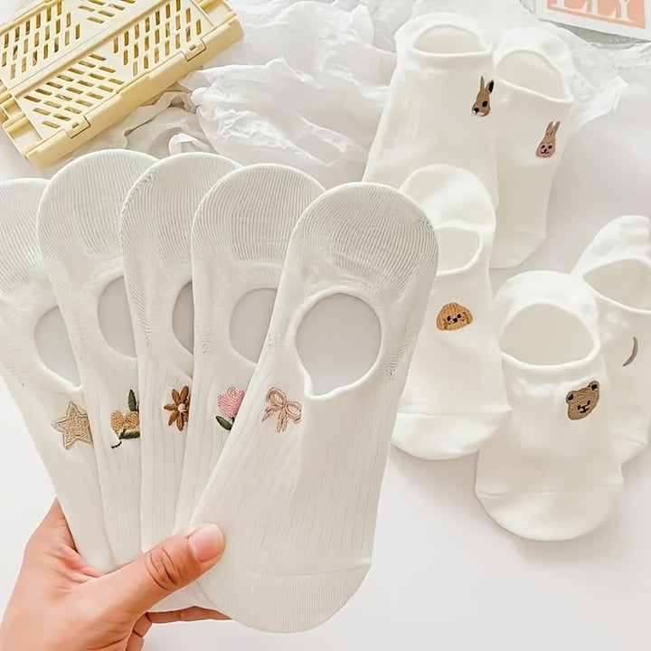 10 Pairs Cute Embroidered  Low Cut Ankle Socks - SocksLtd