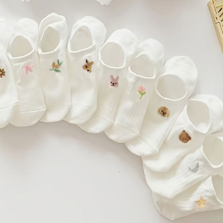 10 Pairs Cute Embroidered  Low Cut Ankle Socks - SocksLtd