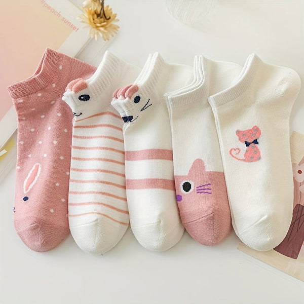 10 Pairs Cute Pink Cartoon Cat Polka Dot Ankle Socks - SocksLtd