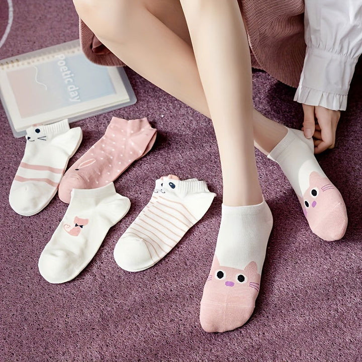 10 Pairs Cute Pink Cartoon Cat Polka Dot Ankle Socks - SocksLtd