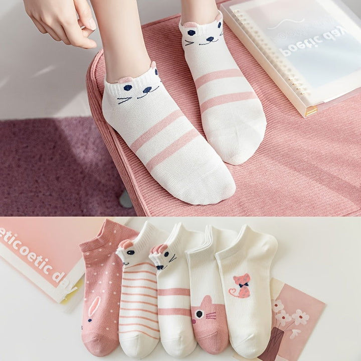 10 Pairs Cute Pink Cartoon Cat Polka Dot Ankle Socks - SocksLtd