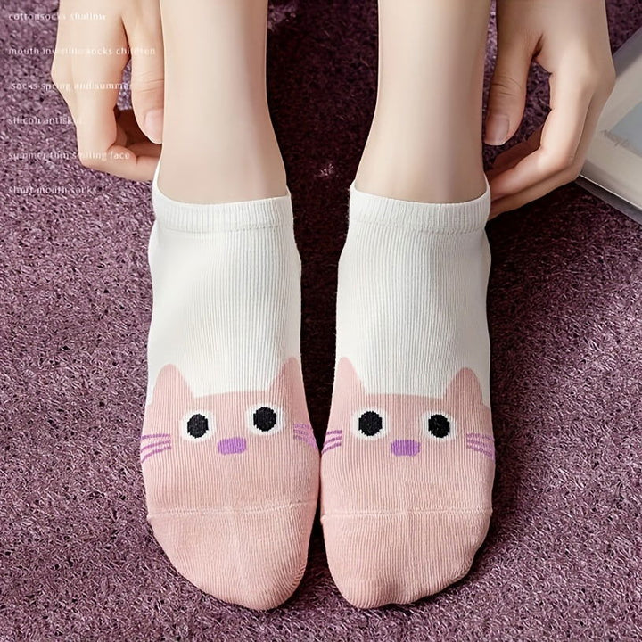 10 Pairs Cute Pink Cartoon Cat Polka Dot Ankle Socks - SocksLtd