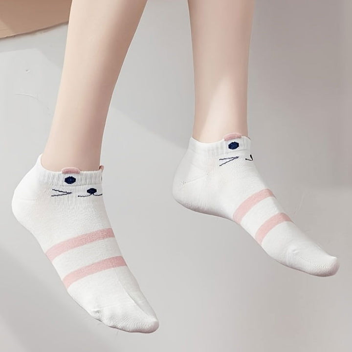 10 Pairs Cute Pink Cartoon Cat Polka Dot Ankle Socks - SocksLtd