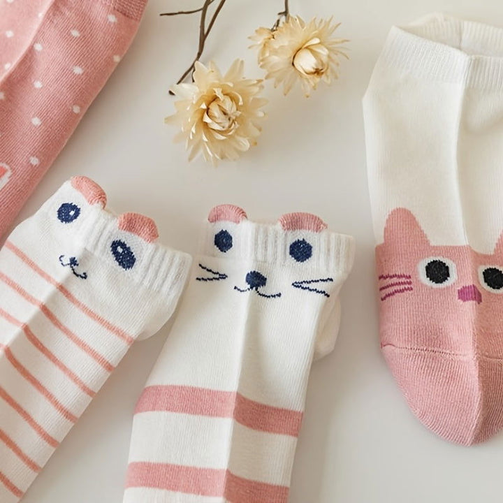 10 Pairs Cute Pink Cartoon Cat Polka Dot Ankle Socks - SocksLtd