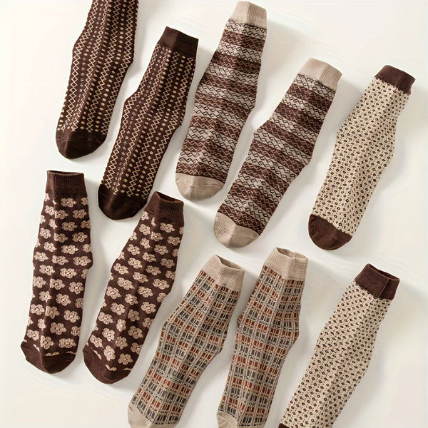 10 Pairs Floral Plaid Print Comfy Soft Mid Tube Crew Socks - SocksLtd