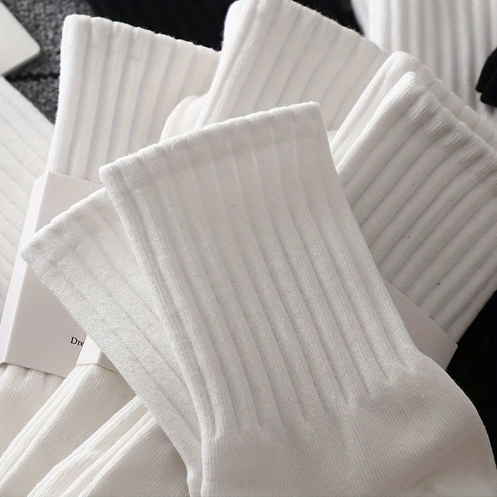 10 Pairs Solid Ribbed Comfy Mid Tube Crew Socks - SocksLtd