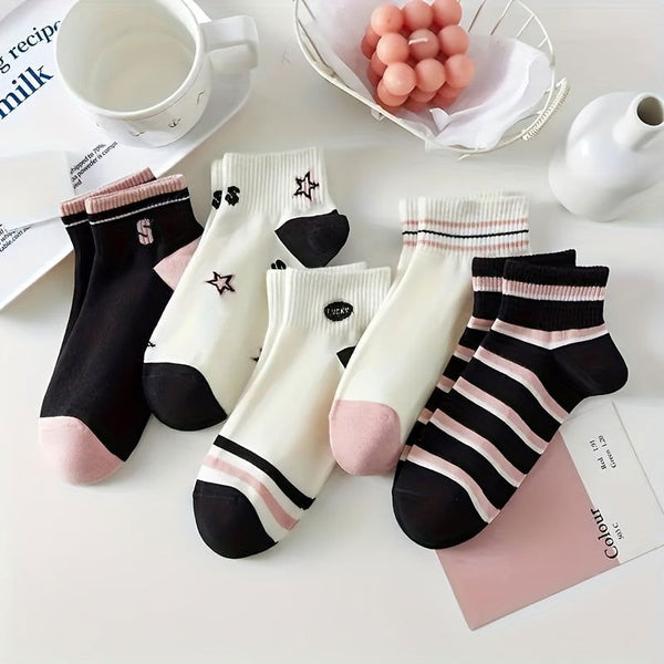 10 Pairs Star Striped Print Casual Breathable Ankle Socks - SocksLtd