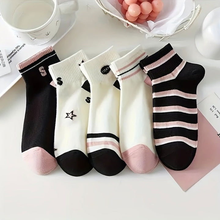 10 Pairs Star Striped Print Casual Breathable Ankle Socks - SocksLtd