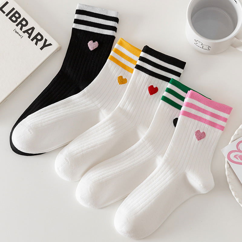 1 Pair Embroidered Stripes Casual Crew Socks - SocksLtd