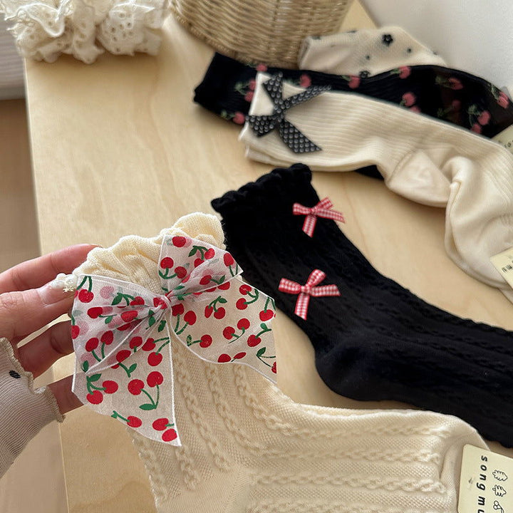 1 Pair Women Bow lace fruit cherry Fun Crew Socks - SocksLtd