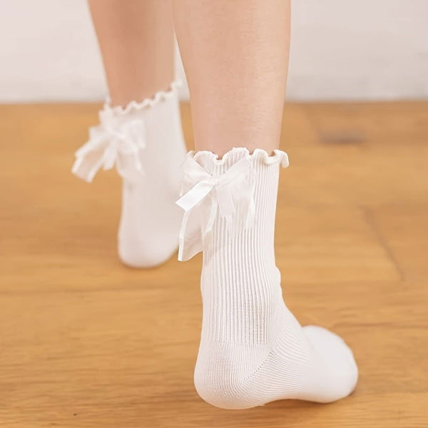 2 Pair Lace Bow Solid Comfy  Breathable Crew Socks - SocksLtd