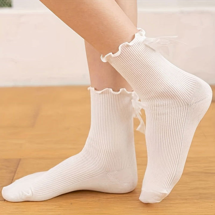 2 Pair Lace Bow Solid Comfy  Breathable Crew Socks - SocksLtd