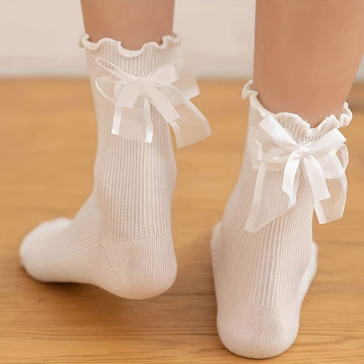 2 Pair Lace Bow Solid Comfy  Breathable Crew Socks - SocksLtd