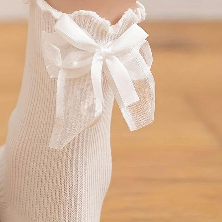 2 Pair Lace Bow Solid Comfy  Breathable Crew Socks - SocksLtd