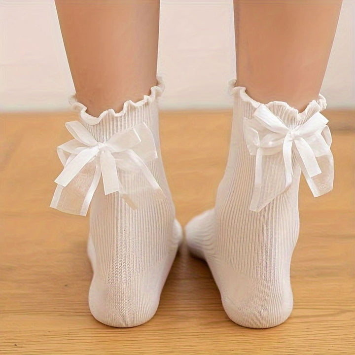 2 Pair Lace Bow Solid Comfy  Breathable Crew Socks - SocksLtd
