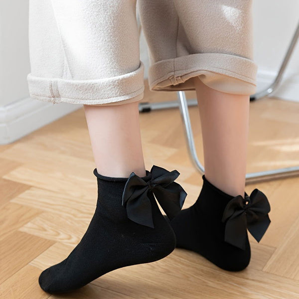 2 Pair Simple Solid Color Bow Comfy Breathable Crew Socks - SocksLtd
