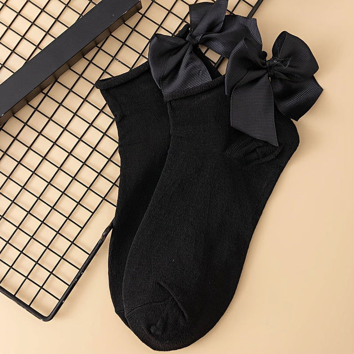 2 Pair Simple Solid Color Bow Comfy Breathable Crew Socks - SocksLtd