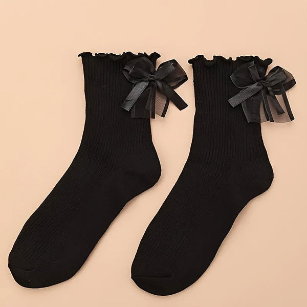 2 Pairs Bow Decor Ruffle Sweet College Style Crew Socks - SocksLtd
