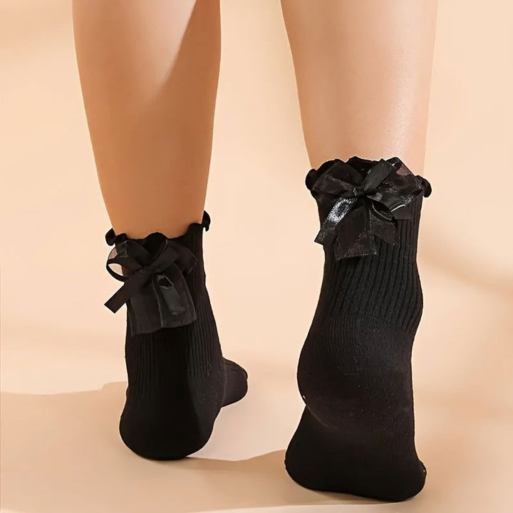 2 Pairs Bow Decor Ruffle Sweet College Style Crew Socks - SocksLtd