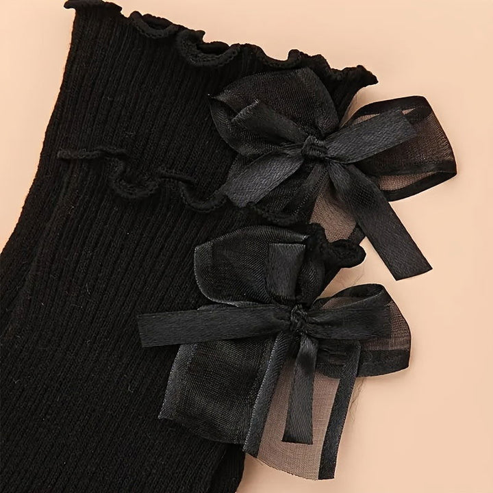 2 Pairs Bow Decor Ruffle Sweet College Style Crew Socks - SocksLtd