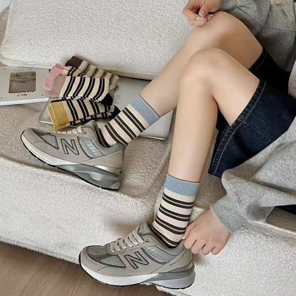 2 Pairs Contrasting stripes Casual Crew Socks - SocksLtd