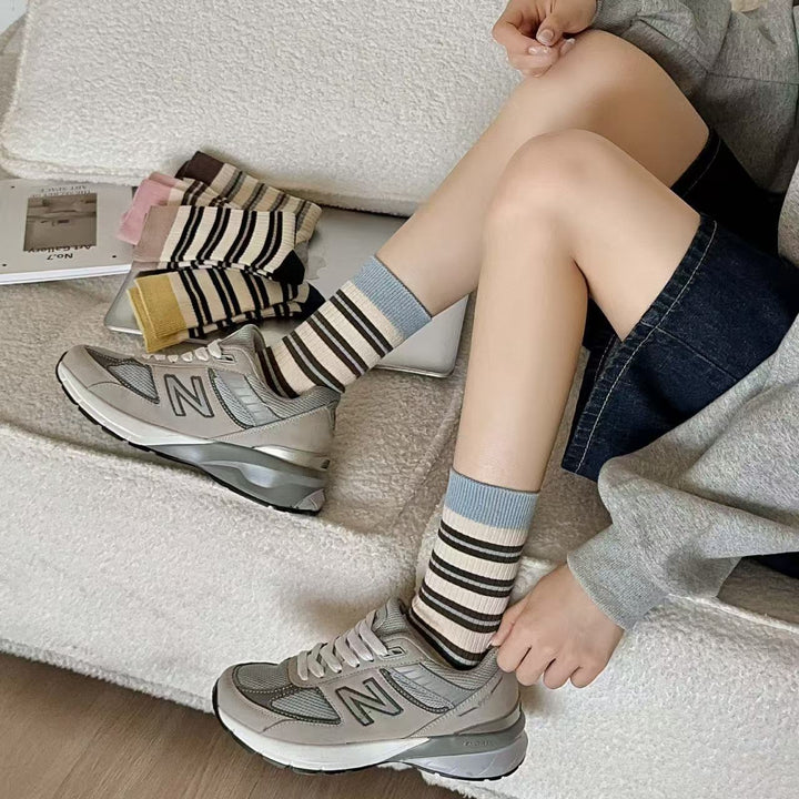2 Pairs Contrasting stripes Casual Crew Socks - SocksLtd