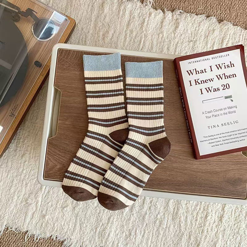 2 Pairs Contrasting stripes Casual Crew Socks - SocksLtd