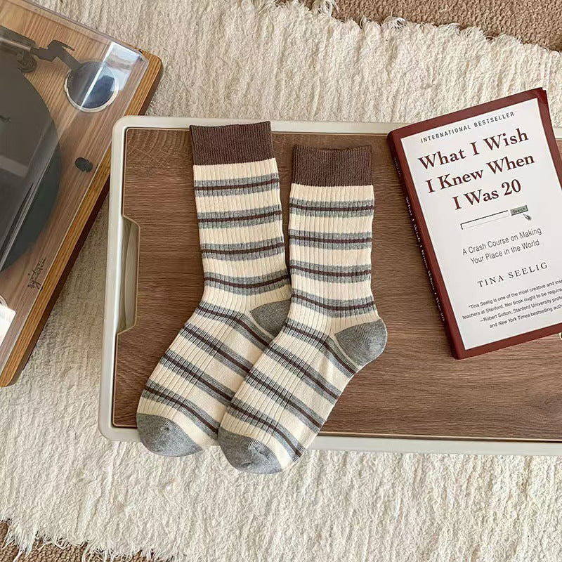 2 Pairs Contrasting stripes Casual Crew Socks - SocksLtd