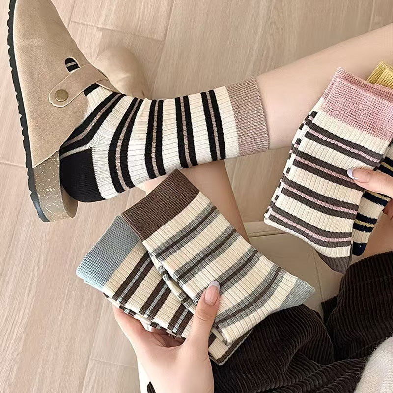 2 Pairs Contrasting stripes Casual Crew Socks - SocksLtd