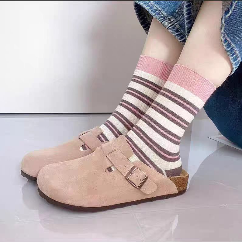 2 Pairs Contrasting stripes Casual Crew Socks - SocksLtd