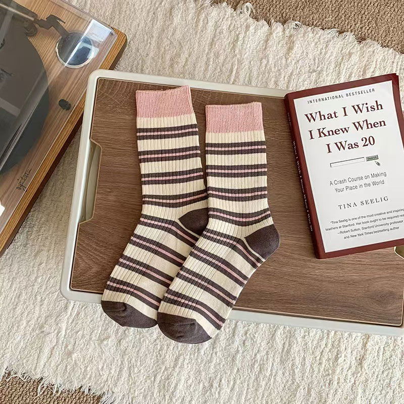 2 Pairs Contrasting stripes Casual Crew Socks - SocksLtd