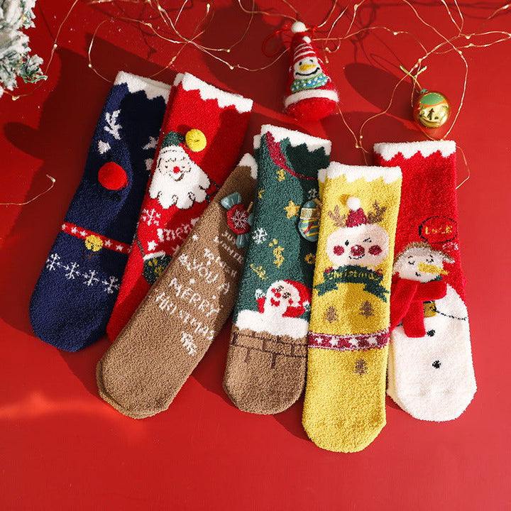 2 Pairs Coral fleece Cartoon  Christmas Crew Socks - SocksLtd