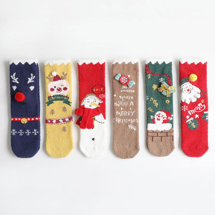 2 Pairs Coral fleece Cartoon  Christmas Crew Socks - SocksLtd