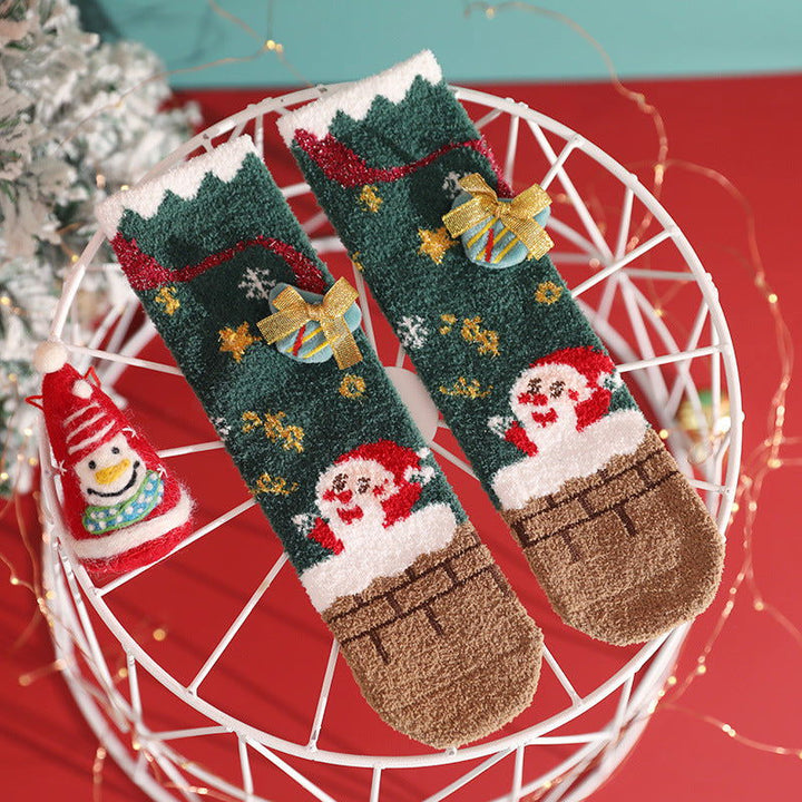 2 Pairs Coral fleece Cartoon  Christmas Crew Socks - SocksLtd