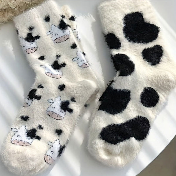 2 Pairs Cute Cow Spot  Soft  Fuzzy Thermal Crew Socks - SocksLtd