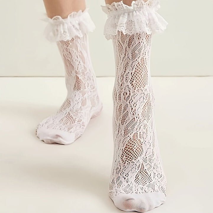 2 Pairs Floral Lace Comfy Stockings Crew Socks - SocksLtd