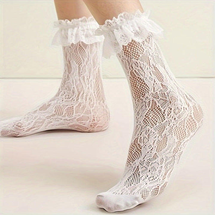 2 Pairs Floral Lace Comfy Stockings Crew Socks - SocksLtd