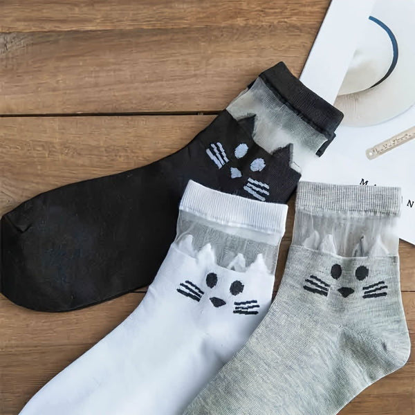 3 Pair Cute Cartoon Cat Pattern Mesh Comfy Crew Socks - SocksLtd