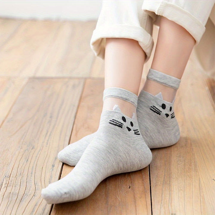 3 Pair Cute Cartoon Cat Pattern Mesh Comfy Crew Socks - SocksLtd