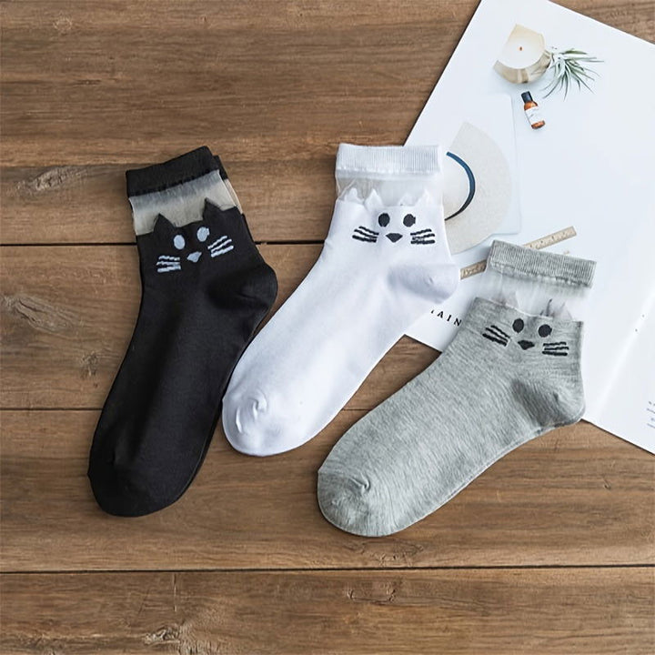 3 Pair Cute Cartoon Cat Pattern Mesh Comfy Crew Socks - SocksLtd