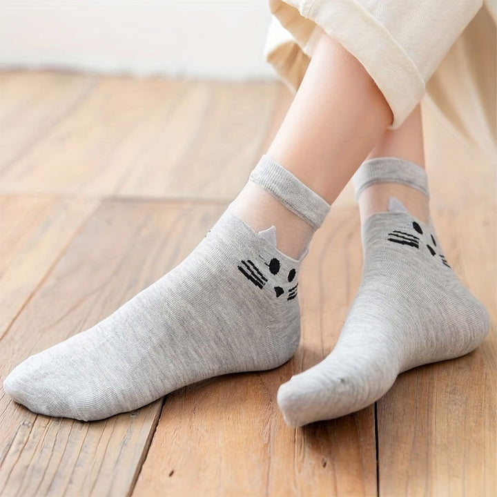 3 Pair Cute Cartoon Cat Pattern Mesh Comfy Crew Socks - SocksLtd
