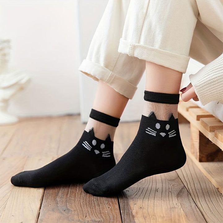 3 Pair Cute Cartoon Cat Pattern Mesh Comfy Crew Socks - SocksLtd